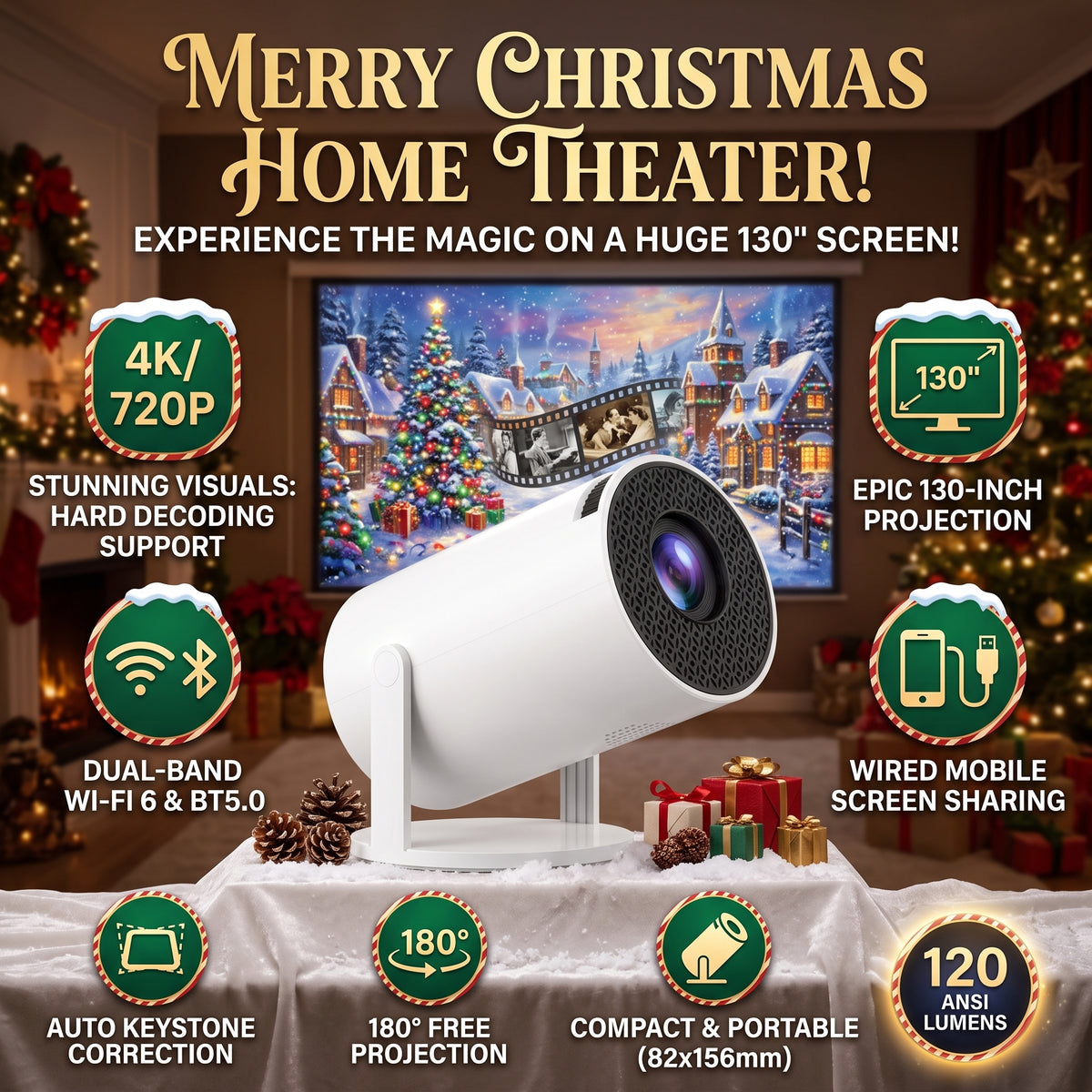 XmasLens™ - Mini Proyector Inteligente 4K Giratorio 180°
